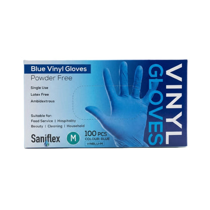 A box of Saniflex Blue Vinyl Gloves, size M, containing 100 pieces. The packaging is blue and white with a graphic of a blue vinyl glove on the front, set against a plain white background.