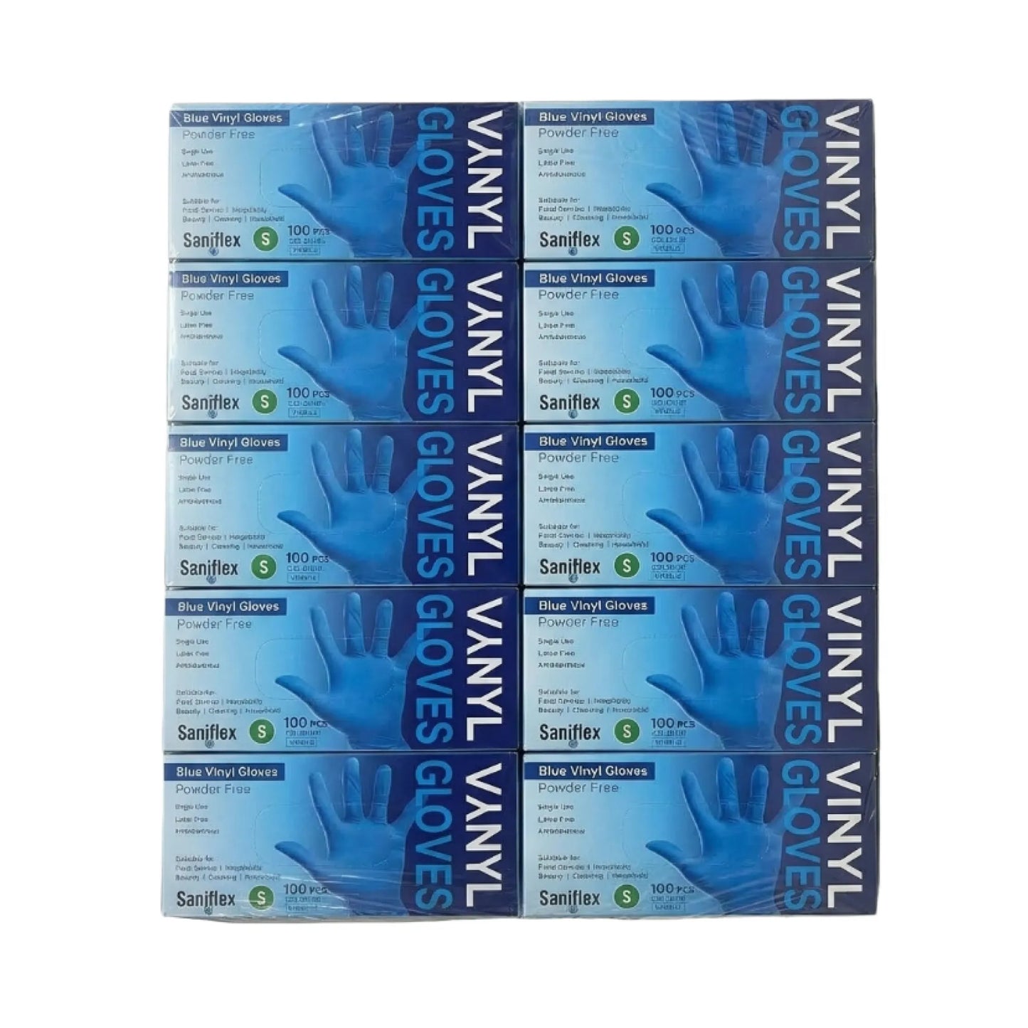 Six packs of Sanjflex Blue Vinyl Gloves (Size 5) arranged in a 2x3 grid on a plain white background.
