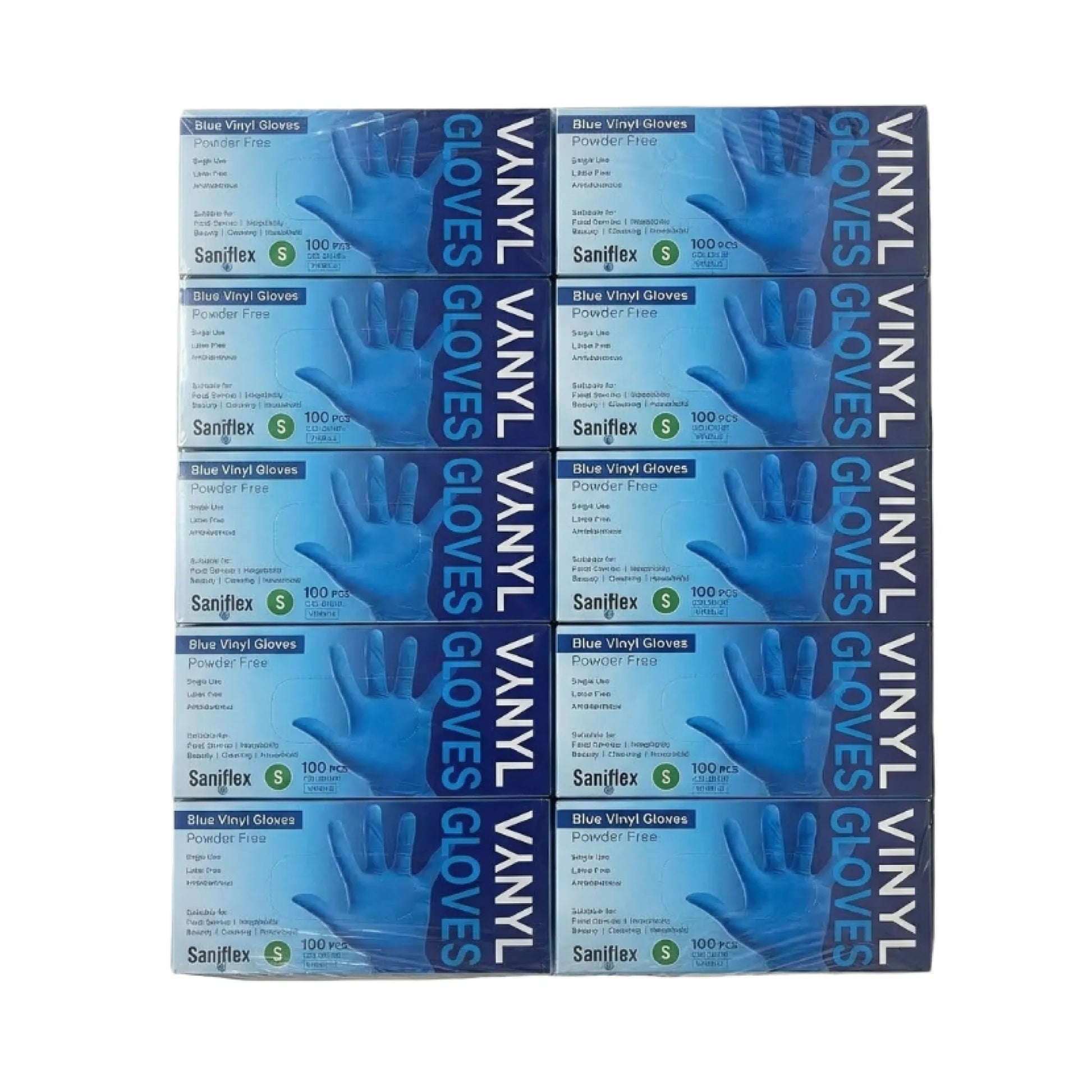 Six packs of Sanjflex Blue Vinyl Gloves (Size 5) arranged in a 2x3 grid on a plain white background.