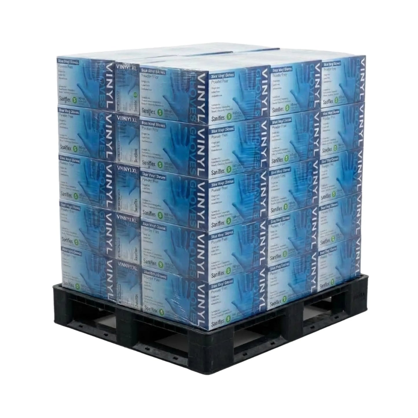 A pallet stacked with multiple boxes of Vinyl Pro Safe-Tie vinyl fabric, shown on a white background.
