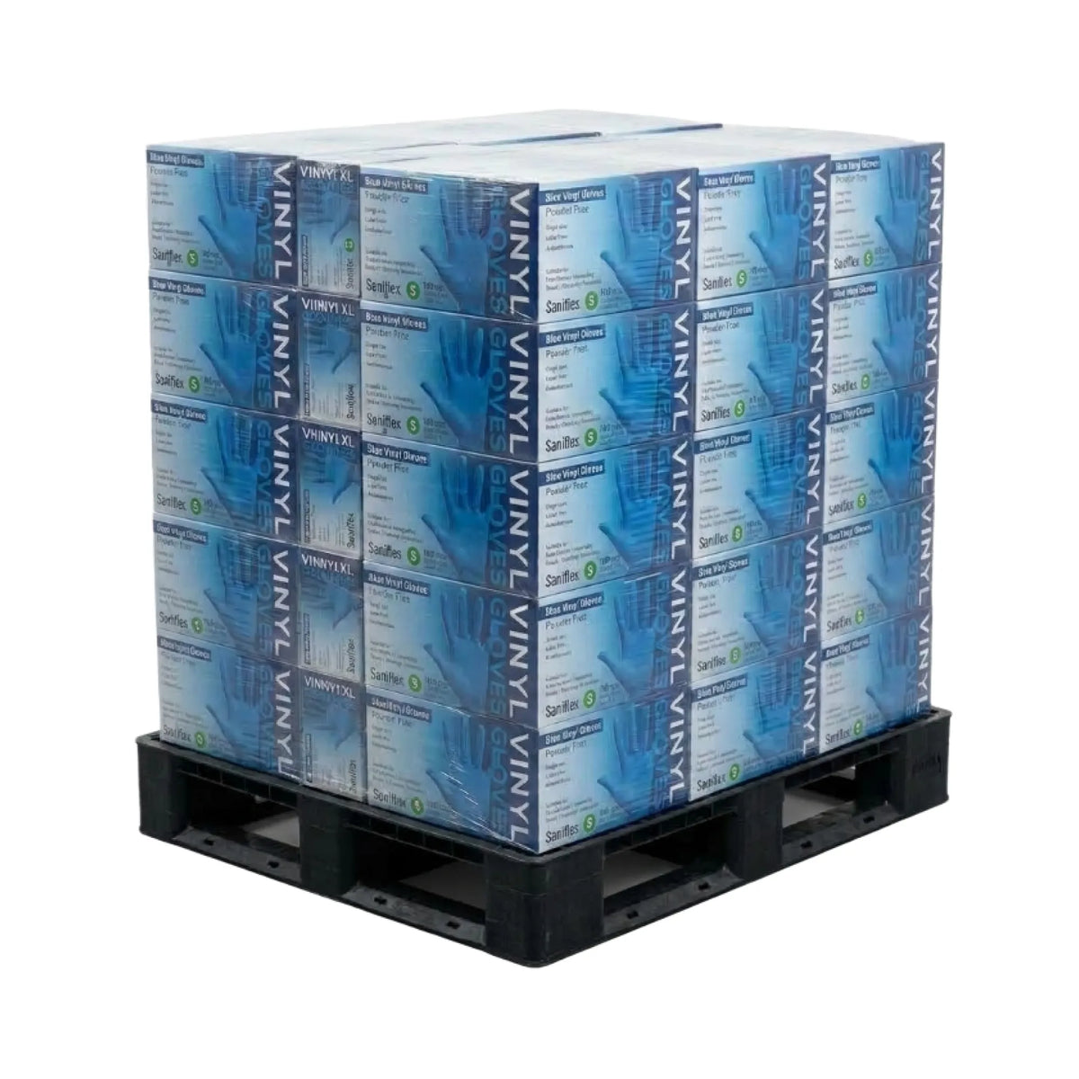 A pallet stacked with multiple boxes of Vinyl Pro Safe-Tie vinyl fabric, shown on a white background.