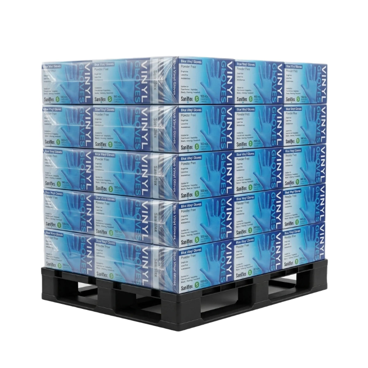 A pallet stacked with multiple boxes of Seife O vinyl gloves, wrapped in clear plastic, on a black pallet against a white background.