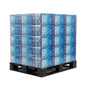 A pallet stacked with multiple boxes of Seife O vinyl gloves, wrapped in clear plastic, on a black pallet against a white background.