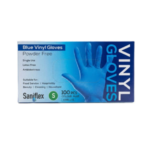 A box of Saniflex Blue Vinyl Gloves, size S, containing 100 pieces. The packaging is blue and white with a graphic of a blue glove on the front.
