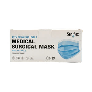 A white box of Saniflex Medical Surgical Masks, model KF-8 P05(L2), containing 50 pieces, shown against a plain white background.