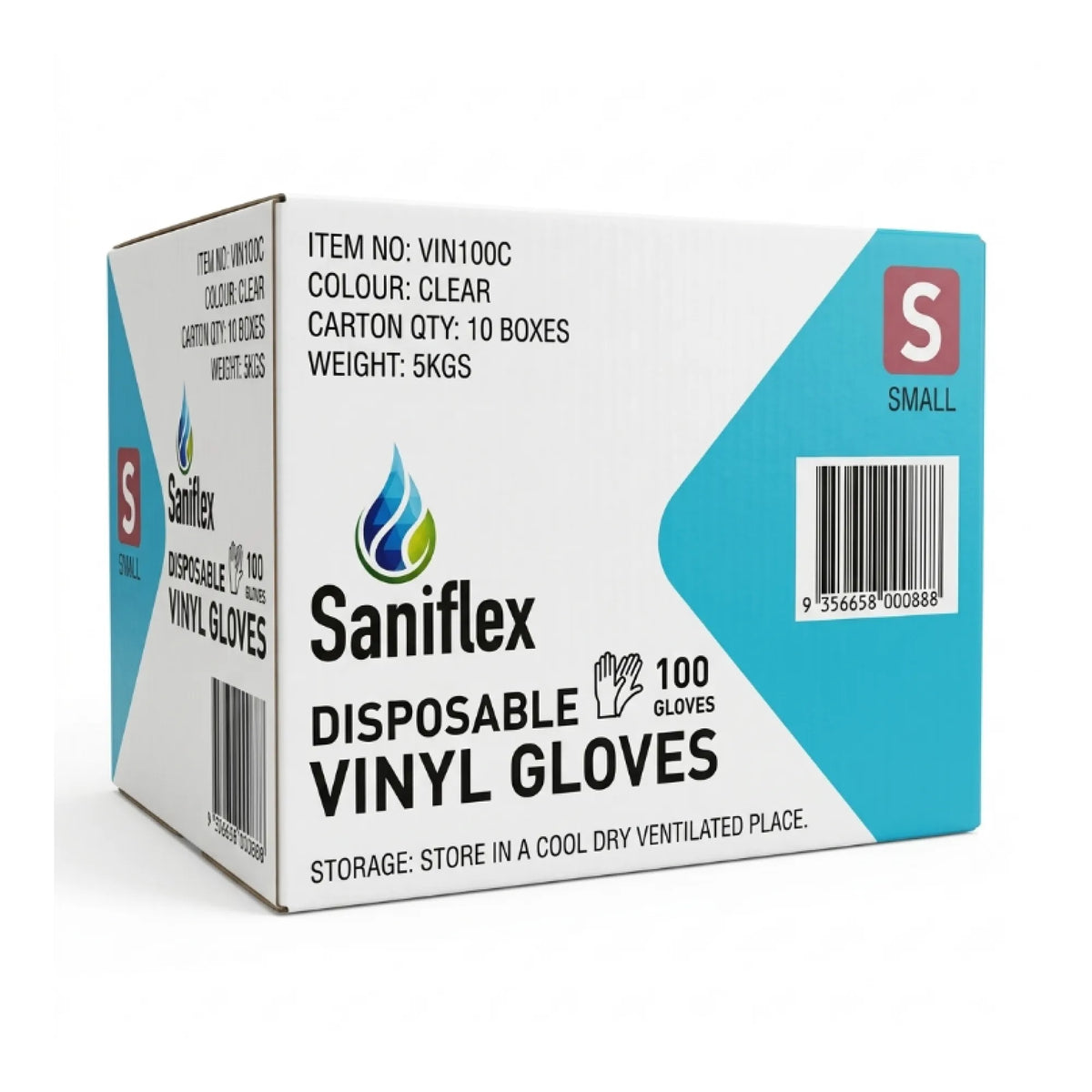 A box of Saniflex disposable vinyl gloves, size Small, containing 100 gloves in a carton of 10 boxes. The packaging is white with a prominent teal blue graphic on the right side and black text.