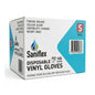A box of Saniflex disposable vinyl gloves, size Small, containing 100 gloves in a carton of 10 boxes. The packaging is white with a prominent teal blue graphic on the right side and black text.