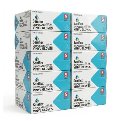A stack of Saniflex disposable vinyl gloves boxes, size Small, arranged in a neat 5-by-3 grid on a plain white background.