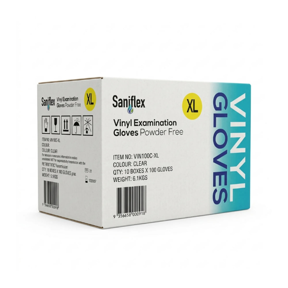 Saniflex XL Vinyl Examination Gloves Powder Free box, color clear, quantity 10 boxes x 100 gloves, shown on a white background.