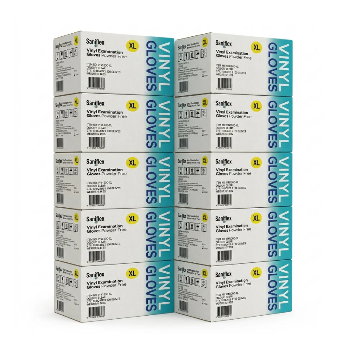 Eight boxes of Sanflex Vinyl Examination Gloves, size XL, arranged in two columns of four on a white background.