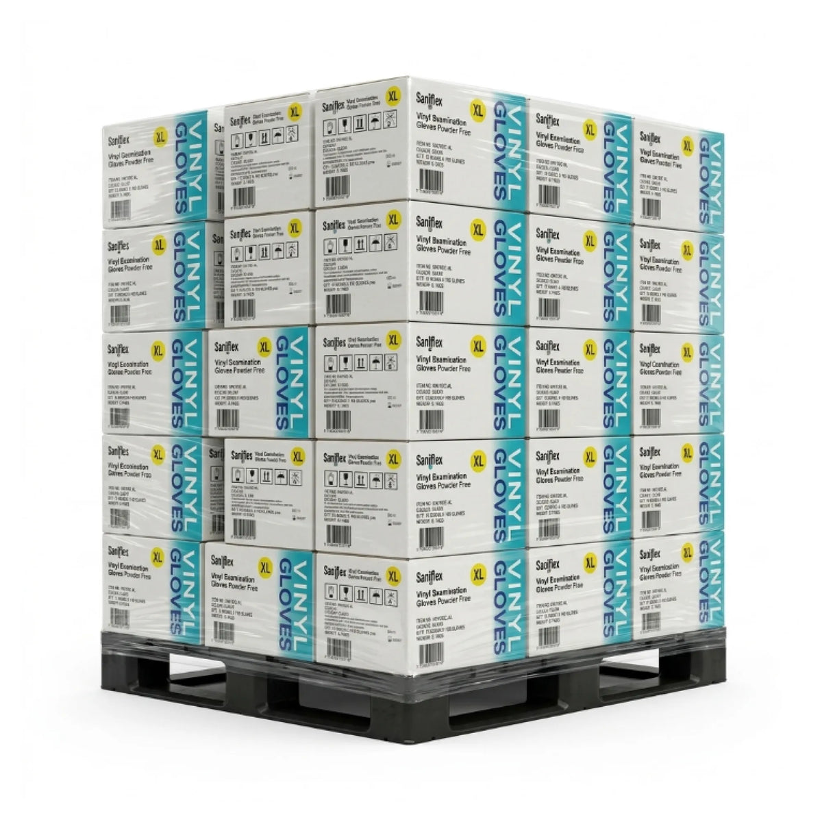 A pallet stacked with boxes of Surgyve Vinyl Gloves, showing the white packaging with blue and yellow accents, on a black plastic pallet against a white background.