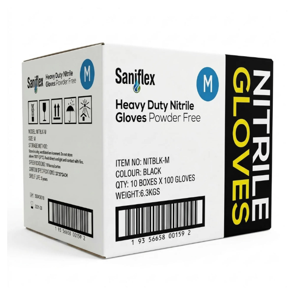 A white box of Saniflex Heavy Duty Nitrile Gloves, size M (Black), with a black side panel featuring yellow text reading 'NITRILE GLOVES'.