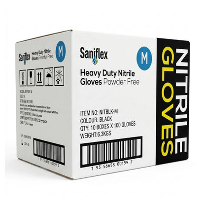 A white box of Saniflex Heavy Duty Nitrile Gloves, size M (Black), with a black side panel featuring yellow text reading 'NITRILE GLOVES'.