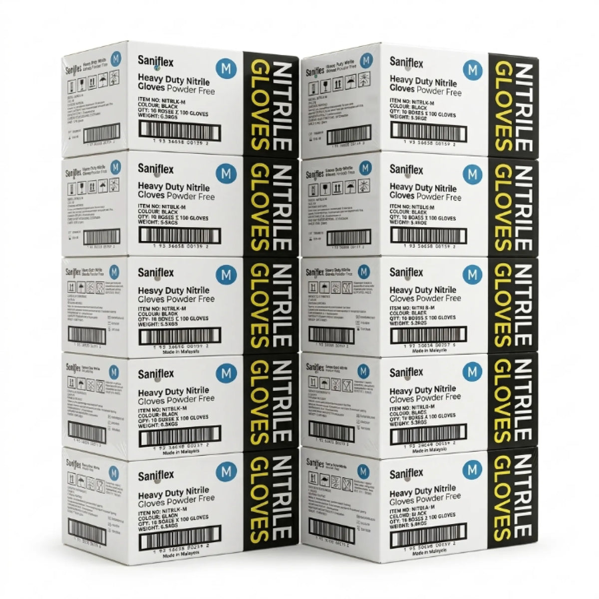 A stack of Sanjflex nitrile gloves boxes in size M, arranged in two columns against a plain white background.