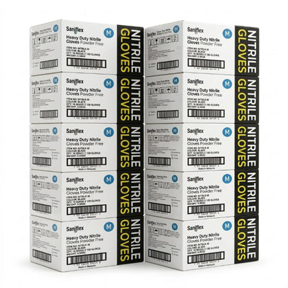 A stack of Sanjflex nitrile gloves boxes in size M, arranged in two columns against a plain white background.