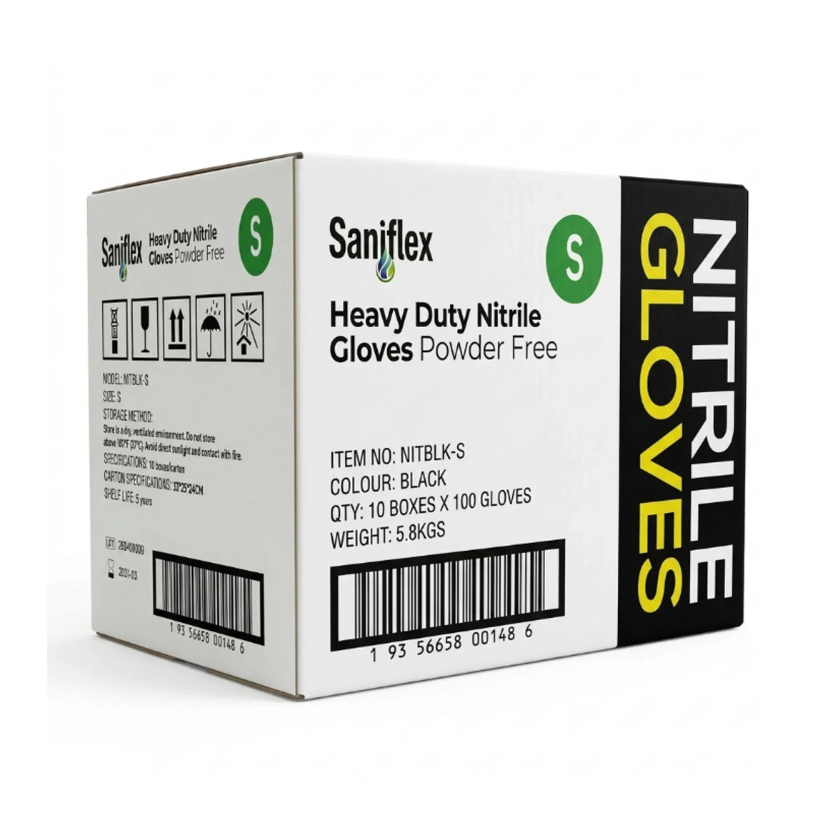 A white cardboard box of Saniflex Heavy Duty Nitrile Gloves, size S, powder free, with a black side panel featuring yellow text that reads 'NITRE' and 'GLOVES'.