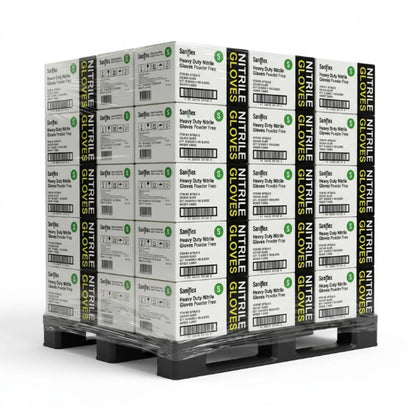 A pallet stacked with boxes of SanJin Nitrile Gloves, showing multiple packages arranged in a grid on a black plastic pallet against a white background.