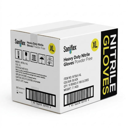 A white box of Sanijflex Heavy Duty Nitrile Gloves Powder Free, size XL, with black and yellow text and barcode details, photographed on a white background.