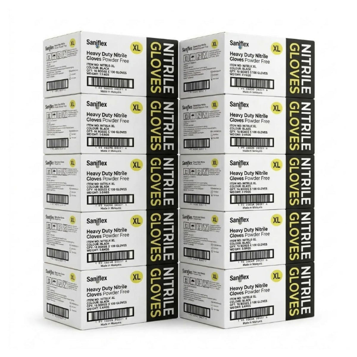 Six boxes of Sanflex Heavy Duty Nitrile Gloves, Size XL, arranged in two columns of three on a plain white background.