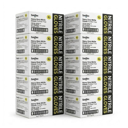 Six boxes of Sanflex Heavy Duty Nitrile Gloves, Size XL, arranged in two columns of three on a plain white background.