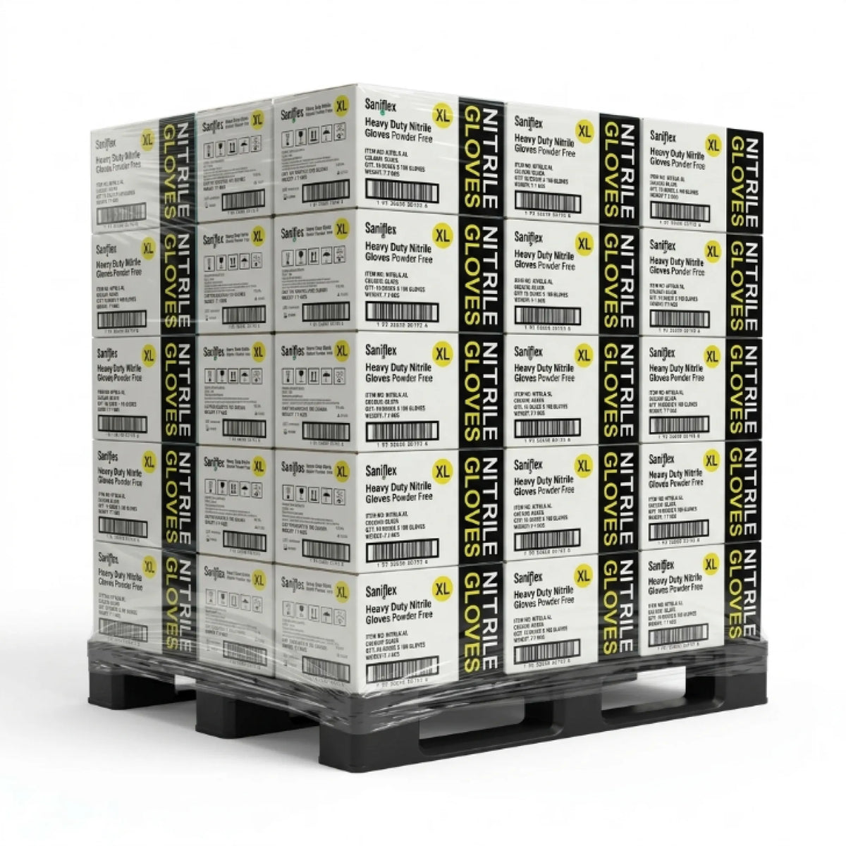 A pallet stacked with boxes of SanJin Nitrile Gloves, showing multiple packages arranged in a grid on a black plastic pallet against a white background.