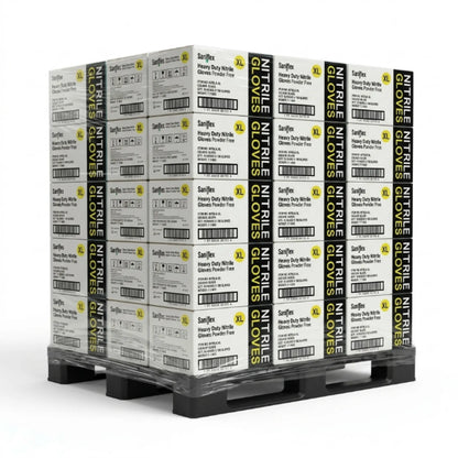 A pallet stacked with boxes of SanJin Nitrile Gloves, showing multiple packages arranged in a grid on a black plastic pallet against a white background.