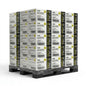A pallet stacked with boxes of SanJin Nitrile Gloves, showing multiple packages arranged in a grid on a black plastic pallet against a white background.