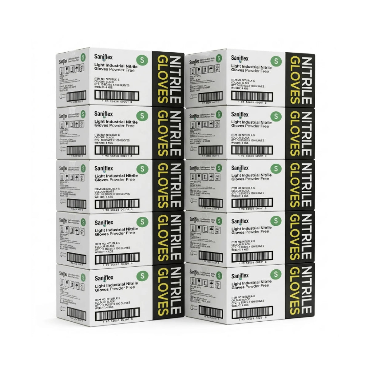 A stack of Saniflex Nitrile Triple Gloves boxes arranged in a 3-by-4 grid on a plain white background.