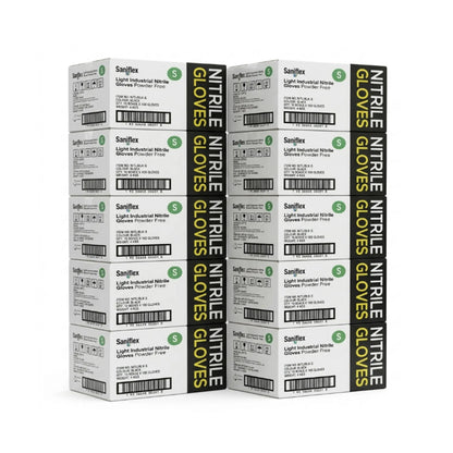 A stack of Saniflex Nitrile Triple Gloves boxes arranged in a 3-by-4 grid on a plain white background.