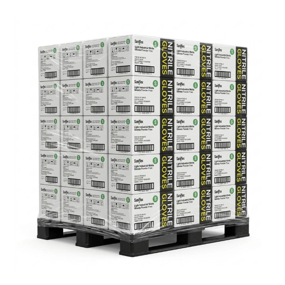 A pallet stacked with boxes of Surfix 3M-nitrile gloves, wrapped in clear plastic, on a black pallet against a white background.