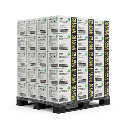 A pallet stacked with boxes of Surfix 3M-nitrile gloves, wrapped in clear plastic, on a black pallet against a white background.