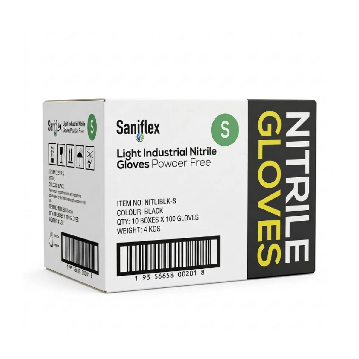 A box of Sanjiflex Light Industrial Nitrile Gloves Powder Free, size S (Black), with a white and black packaging design featuring yellow text on the side.