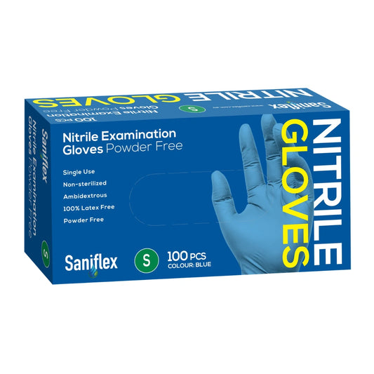 Saninflex Nitrile Examination Gloves Powder Free 100 Pack in size S, colored blue, shown in its retail packaging box.