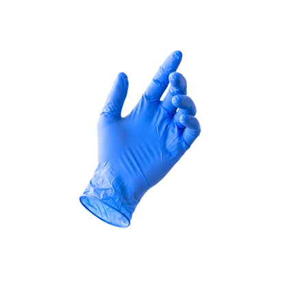 A single blue disposable nitrile glove shown on a hand, isolated against a solid white background.