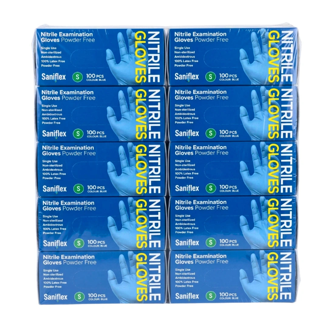 Six boxes of Saniflex Nitrile Examination Gloves stacked in two columns of three on a plain white background.