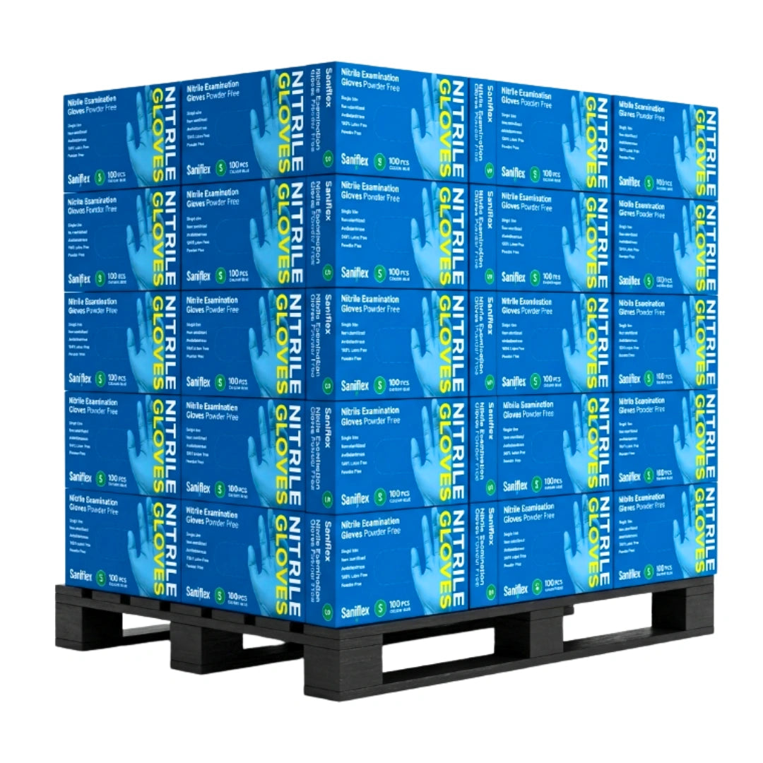 Stacked blue boxes of Sanofi Triple Nitrile Gloves on a black pallet, photographed against a plain white background.