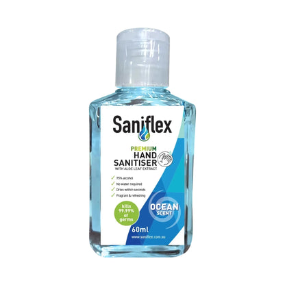 A 60ml bottle of Saniflex Premium Hand Sanitisers in Ocean Scent, featuring a clear cap and a white label with blue and green accents, set against a plain white background.