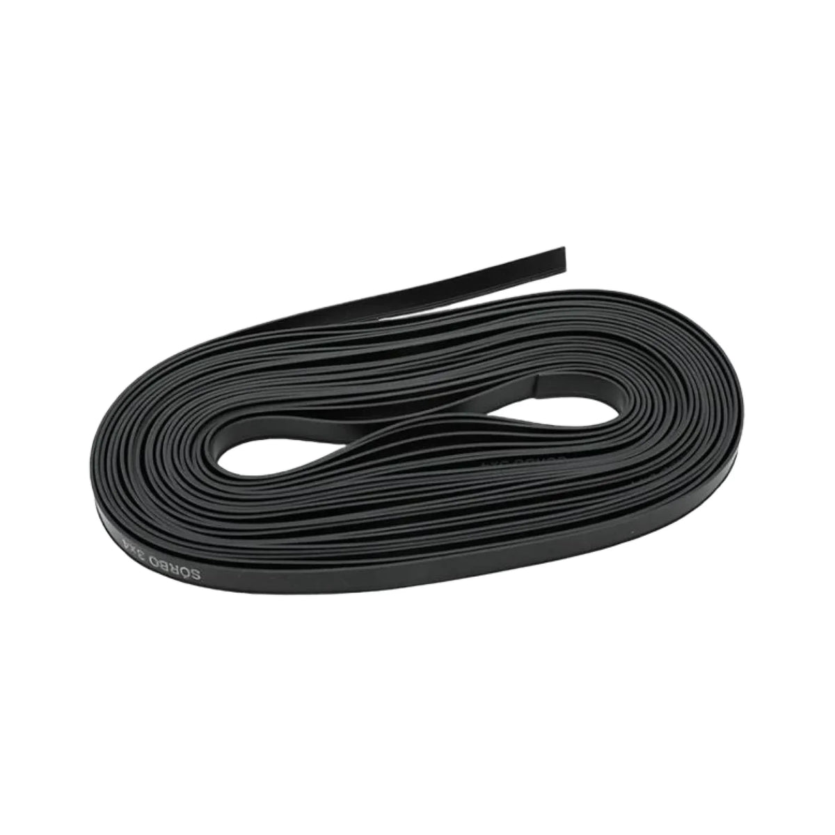 A coiled black rubber belt or strap with a small white printed marking near one end, photographed on a plain white background.