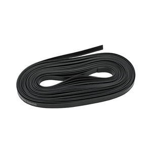 A coiled black rubber belt or strap with a small white printed marking near one end, photographed on a plain white background.