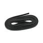 A coiled black rubber belt or strap with a small white printed marking near one end, photographed on a plain white background.