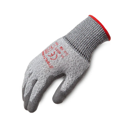 A single gray knit work glove with a red cuff and red printed text on the back of the hand, shown on a plain white background.