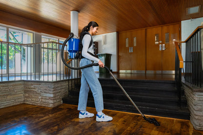 Pacvac Superpro Go backpack vacuum accessories and battery setup