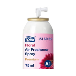 A 75ml can of Tork Floral Air Freshener Spray, Premium A1 variant. The product is in a white plastic spray can with a gold metal cap and a white plastic pump nozzle.