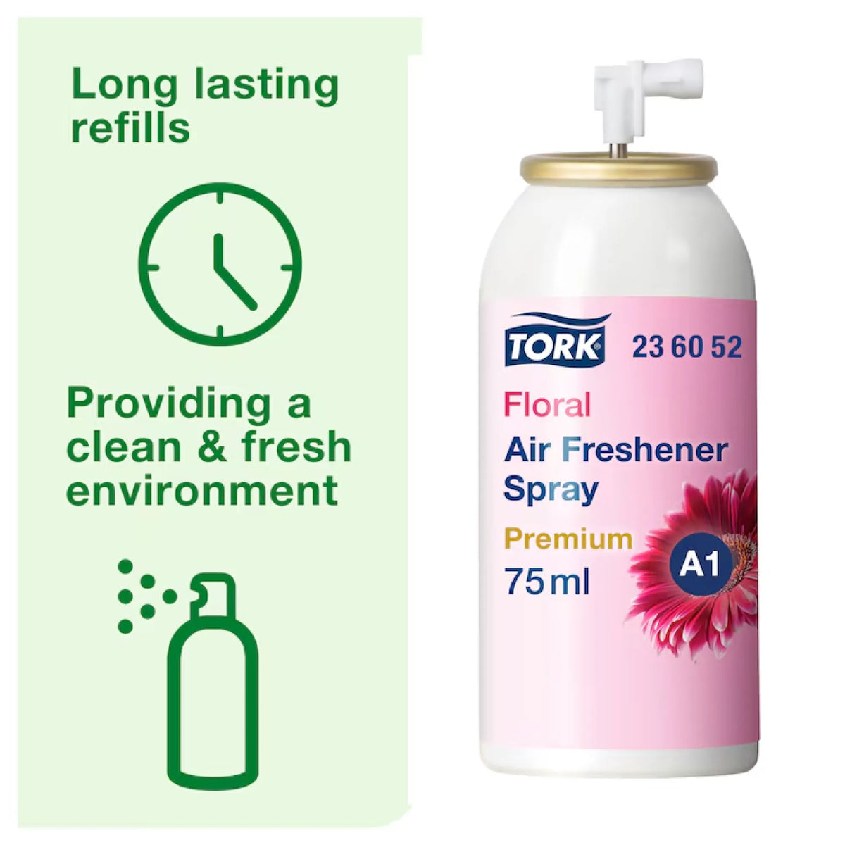A 75ml bottle of Tork Floral Air Freshener Spray shown next to a light green promotional panel highlighting long-lasting refills and a clean fresh environment.