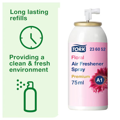 A 75ml bottle of Tork Floral Air Freshener Spray shown next to a light green promotional panel highlighting long-lasting refills and a clean fresh environment.