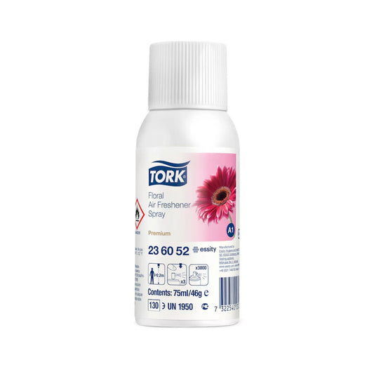 A 75ml bottle of Tork Floral Air Freshener Spray in the 'essasy' scent, featuring a white plastic bottle with a ribbed cap and a label containing blue, pink, and white graphics.