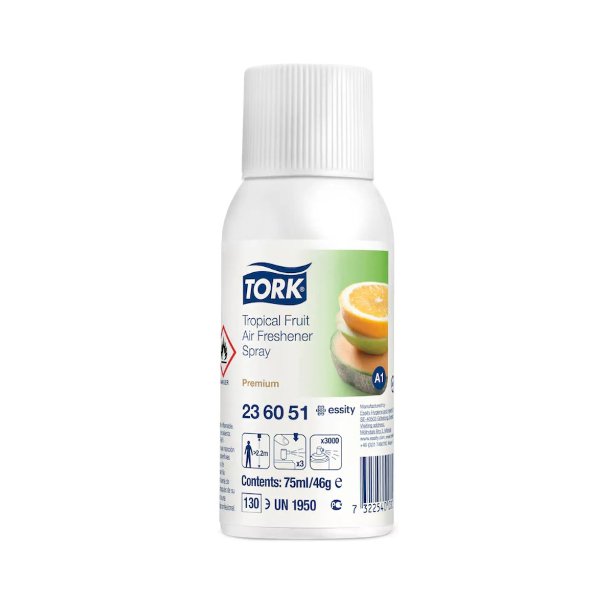 A 75ml bottle of Tork Tropical Fruit Air Freshener Spray on a plain white background. The bottle is white with a white ribbed cap, featuring a label with blue and green branding and an illustration of sliced oranges.