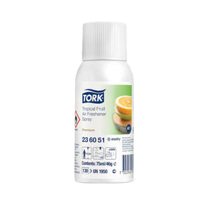 A 75ml bottle of Tork Tropical Fruit Air Freshener Spray on a plain white background. The bottle is white with a white ribbed cap, featuring a label with blue and green branding and an illustration of sliced oranges.
