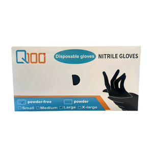 A box of Q100 brand disposable nitrile gloves, size Large, shown on a plain white background.