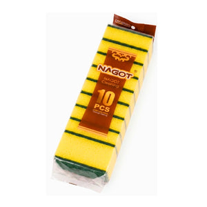 Pack of 10 Nagot Cleaning sponges, featuring a yellow sponge with dark green scrubbing sides, sealed in clear plastic packaging with a brown paper label.